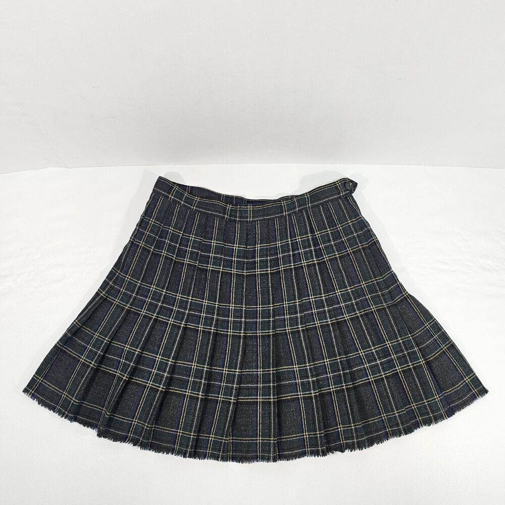 Vintage Ann Freedberg Wool Plaid Pleated Mini Skirt Grey Green Preppy Academia
